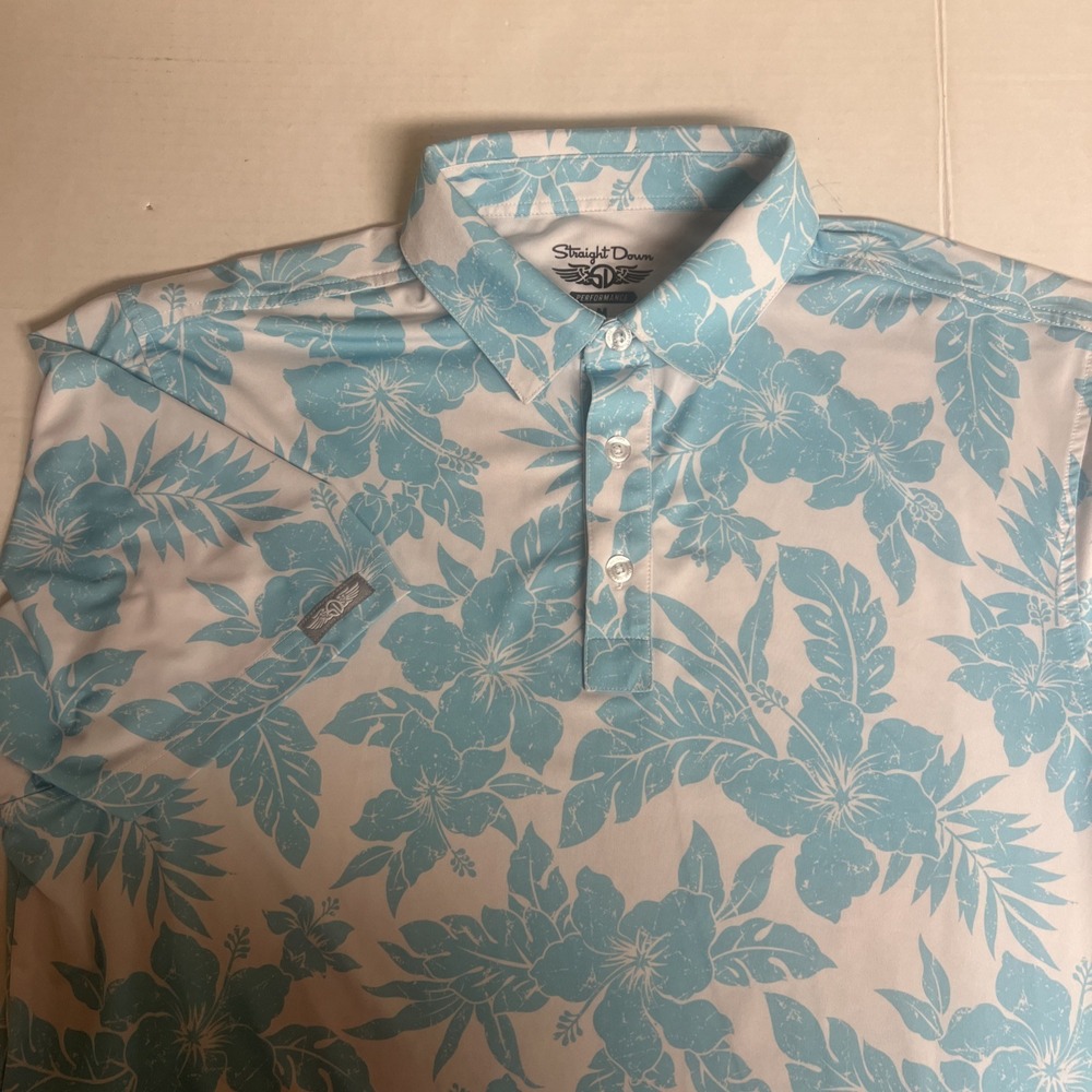 Straight Down Shirt Mens MED Blue White Floral All Over Print Polo Performance